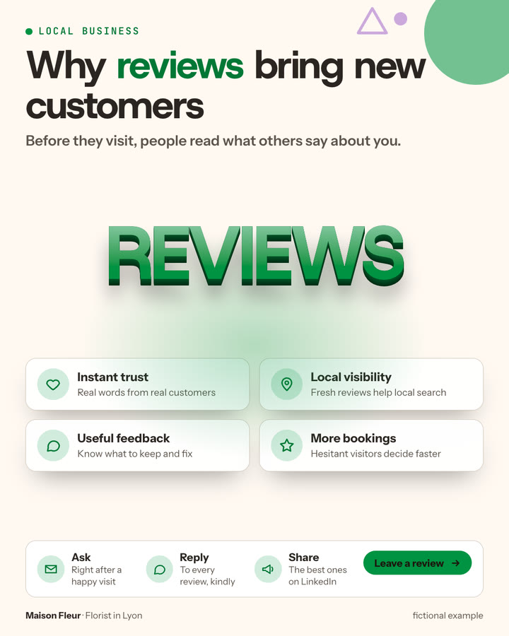 Exemple fictif de post LinkedIn de Maison Fleur : Why reviews bring new customers